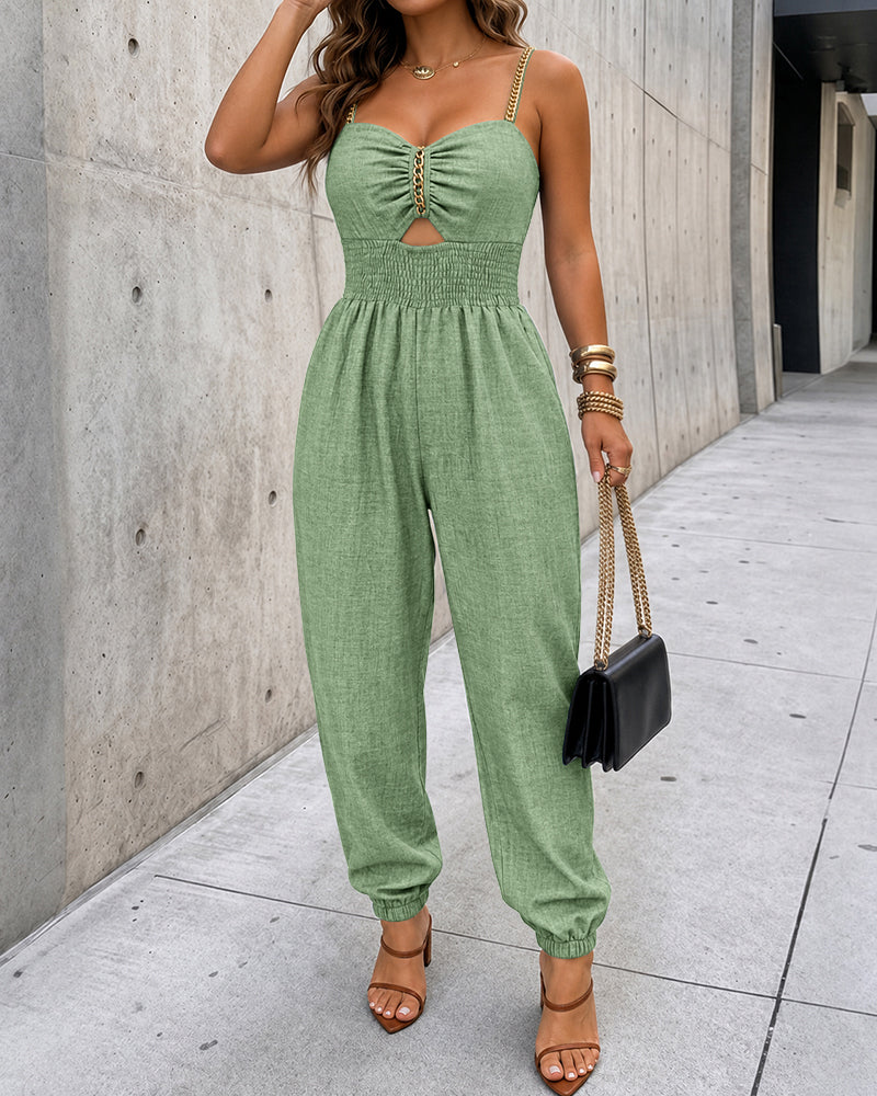 Women's Chain Strap Jumpsuit Hollow Out Shirred Waist Overalls Casual Jogger Jumpsuit with Pockets