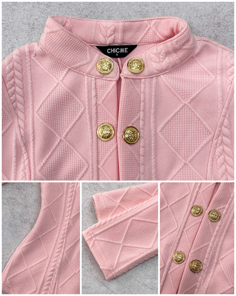 Metal Double Breasted Decor Stand Collar Argyle & Cable Textured Coat