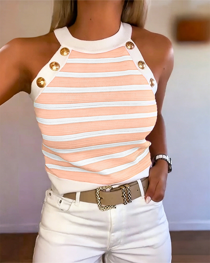 Women's Striped Halter Knit Tank Top Sleeveless Rib-Knit Camisole Gold Button Detail Slim Fit Summer Top