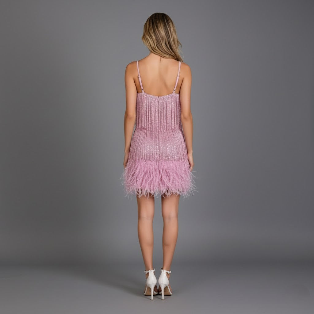 Vivienne | Fransen- und Feder-Party-Minikleid