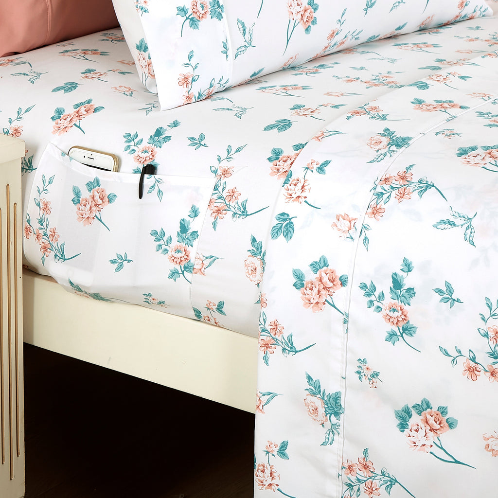 Elegant Comfort 6-Piece Floral and Stripe Pattern Sheet Set - Soft as a Hotel Premium Quality Bedding