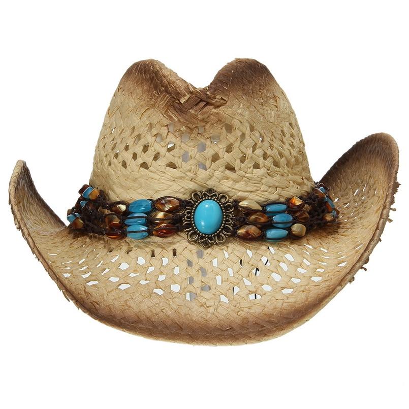 Summer Straw Cowboy Hat with Turquoise Brooch and Shell-like Beads