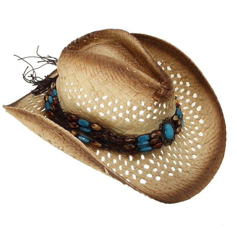 Summer Straw Cowboy Hat with Turquoise Brooch and Shell-like Beads