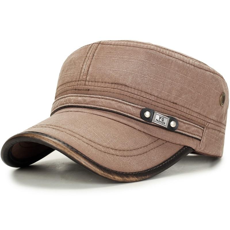 Vintage Adjustable Cotton Flat Top Army Cadet Patrol Military Cap with Polyurethane Visor