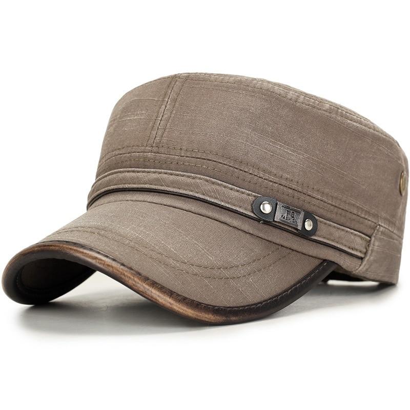 Vintage Adjustable Cotton Flat Top Army Cadet Patrol Military Cap with Polyurethane Visor