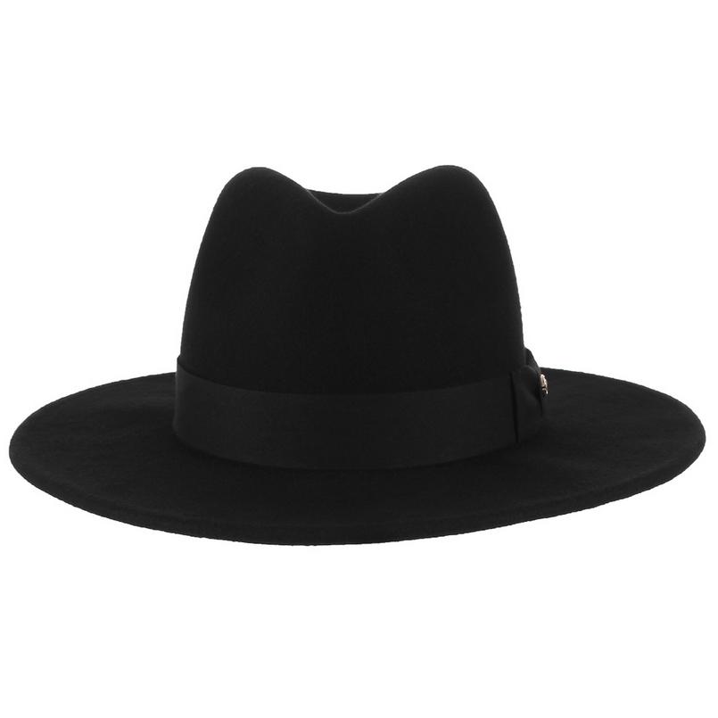Wide Brim Black Wool Felt Fedora Hat with Bowknot Hatband