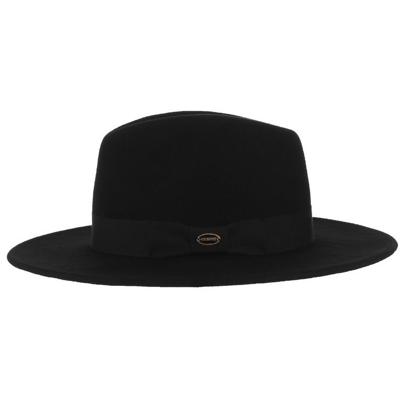 Wide Brim Black Wool Felt Fedora Hat with Bowknot Hatband