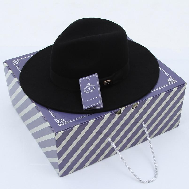Wide Brim Black Wool Felt Fedora Hat with Bowknot Hatband