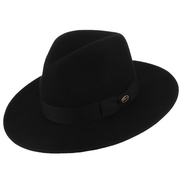 Wide Brim Black Wool Felt Fedora Hat with Bowknot Hatband