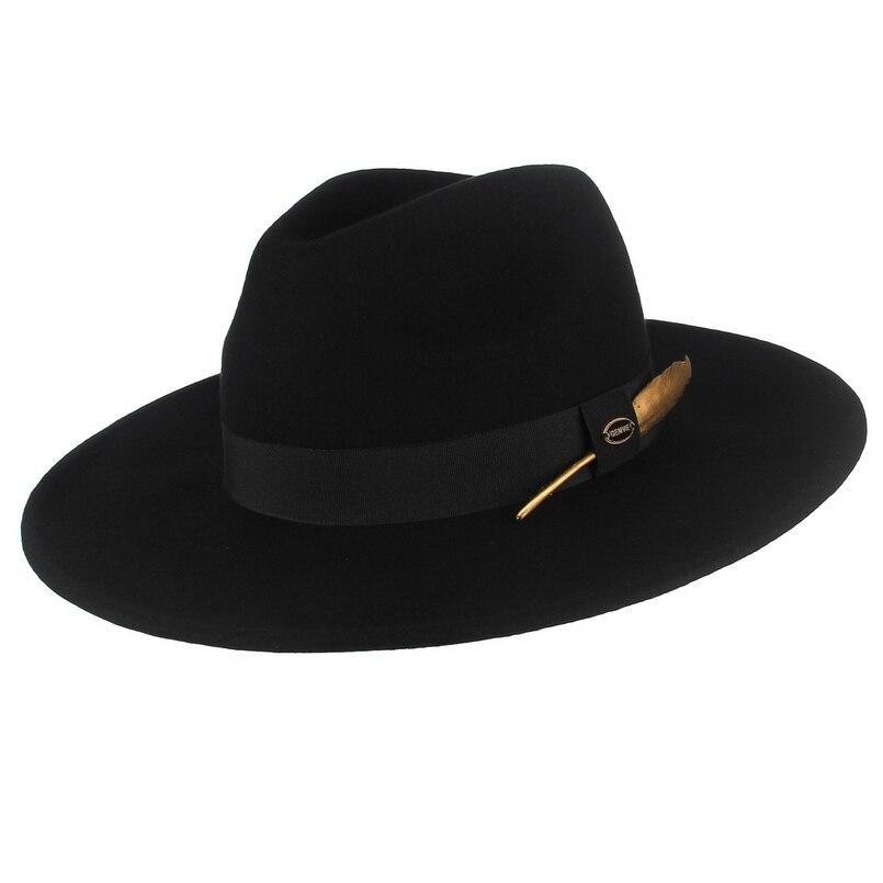 Wide Brim Wool Felt Fedora Hat with Gold Feather Band