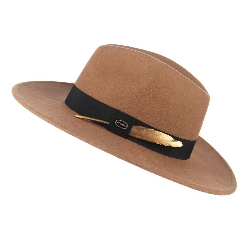 Wide Brim Wool Felt Fedora Hat with Gold Feather Band