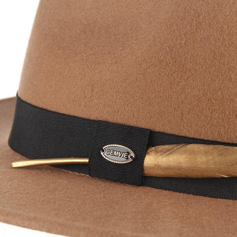 Wide Brim Wool Felt Fedora Hat with Gold Feather Band