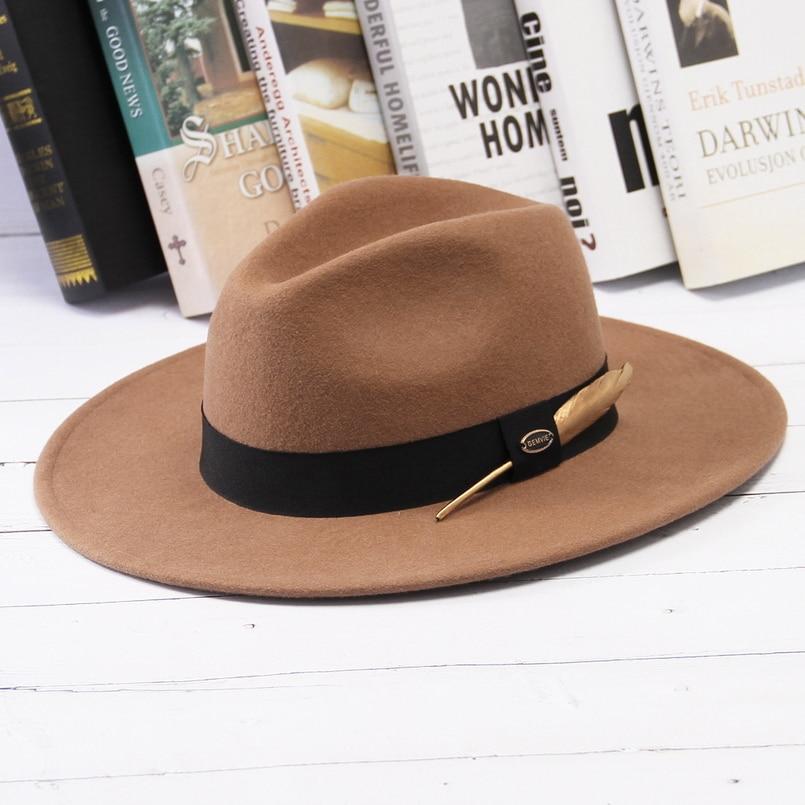 Wide Brim Wool Felt Fedora Hat with Gold Feather Band