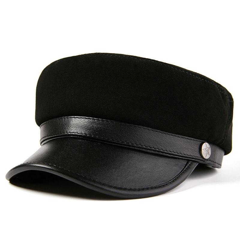 Vintage Genuine Sheepskin Leather Flat Top Military Cap