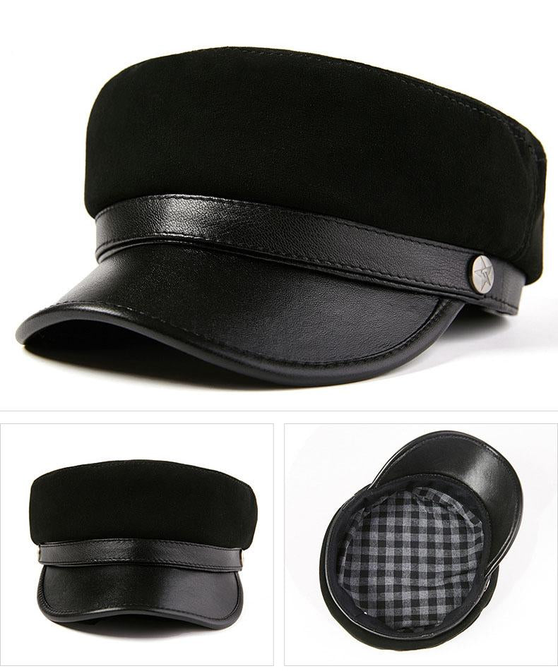 Vintage Genuine Sheepskin Leather Flat Top Military Cap