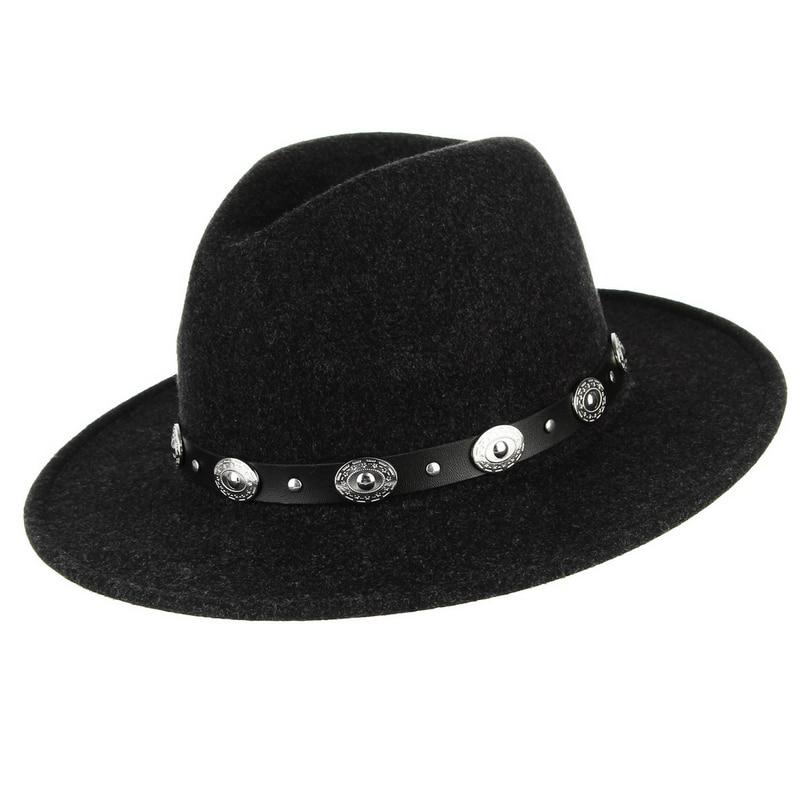 Wide Brim Wool Felt Fedora Hat with Silver Buttoned Leather Hatband