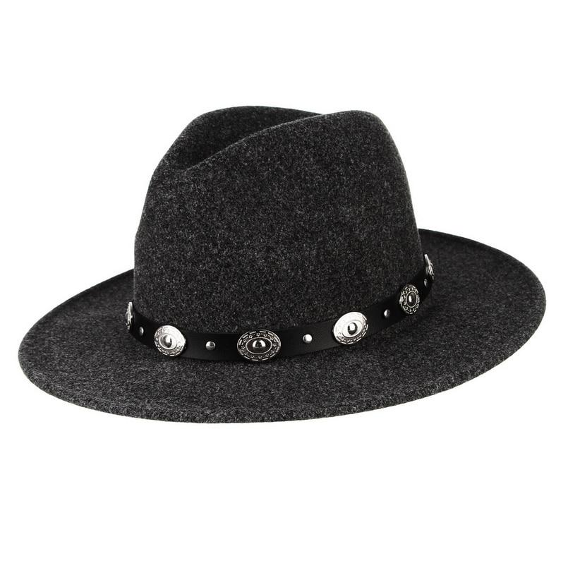 Wide Brim Wool Felt Fedora Hat with Silver Buttoned Leather Hatband