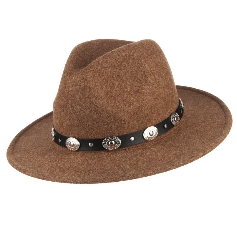Wide Brim Wool Felt Fedora Hat with Silver Buttoned Leather Hatband