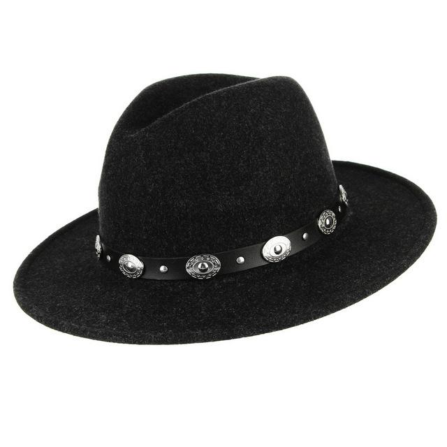 Wide Brim Wool Felt Fedora Hat with Silver Buttoned Leather Hatband