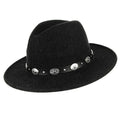Wide Brim Wool Felt Fedora Hat with Silver Buttoned Leather Hatband