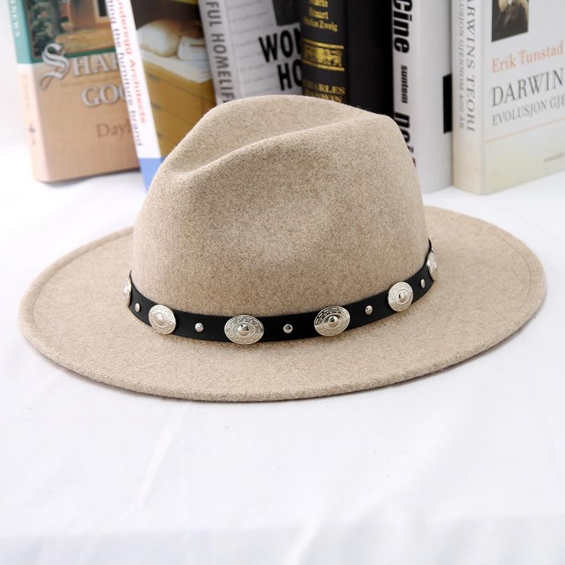Wide Brim Wool Felt Fedora Hat with Silver Buttoned Leather Hatband
