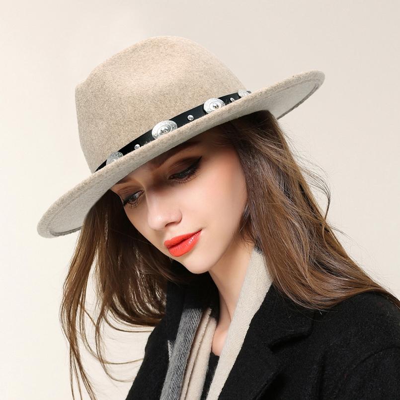 Wide Brim Wool Felt Fedora Hat with Silver Buttoned Leather Hatband