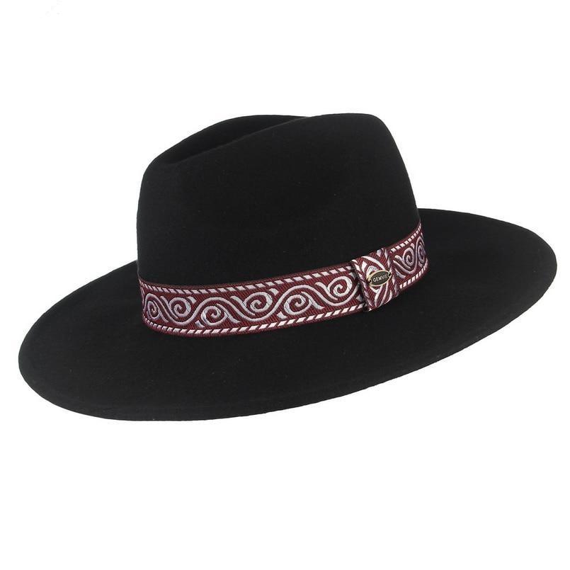 Wide Brim Wool Fedora Hat with Striped Vintage Band
