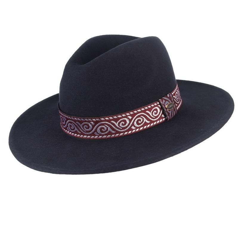 Wide Brim Wool Fedora Hat with Striped Vintage Band