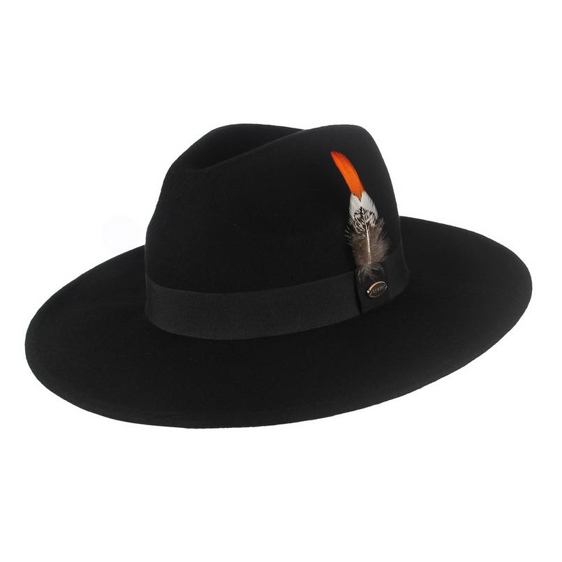 Wide Brim Wool Felt Fedora Hat with Striped Feather Band