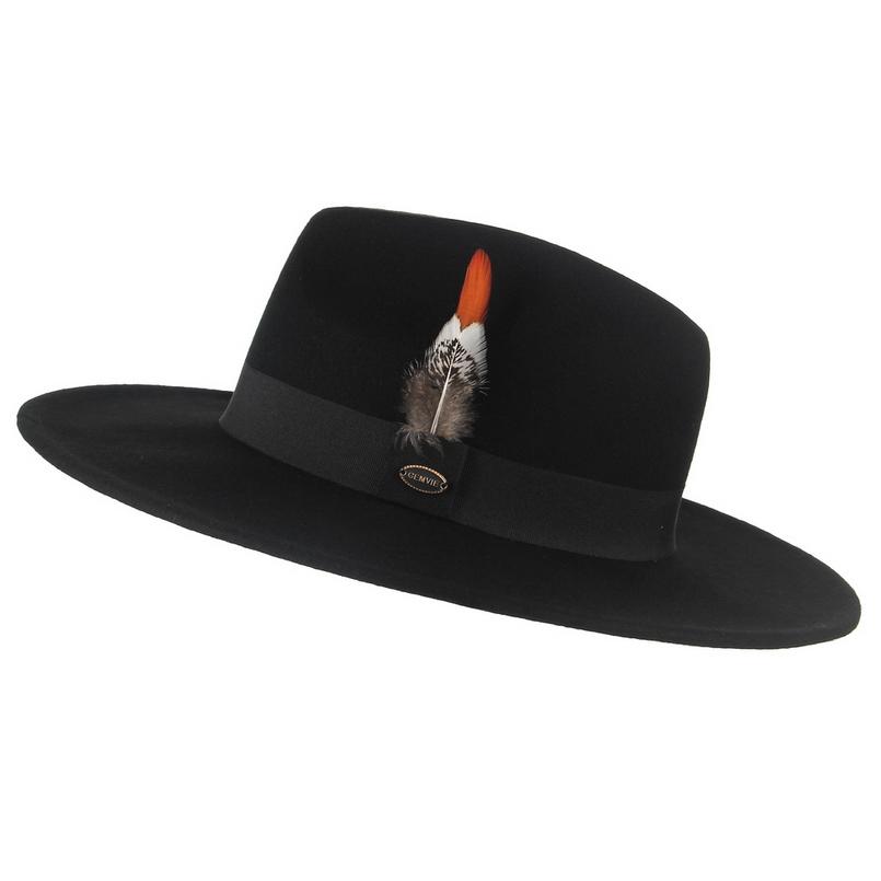 Wide Brim Wool Felt Fedora Hat with Striped Feather Band