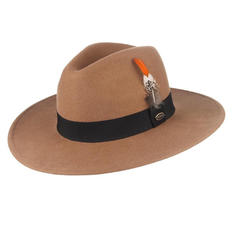 Wide Brim Wool Felt Fedora Hat with Striped Feather Band