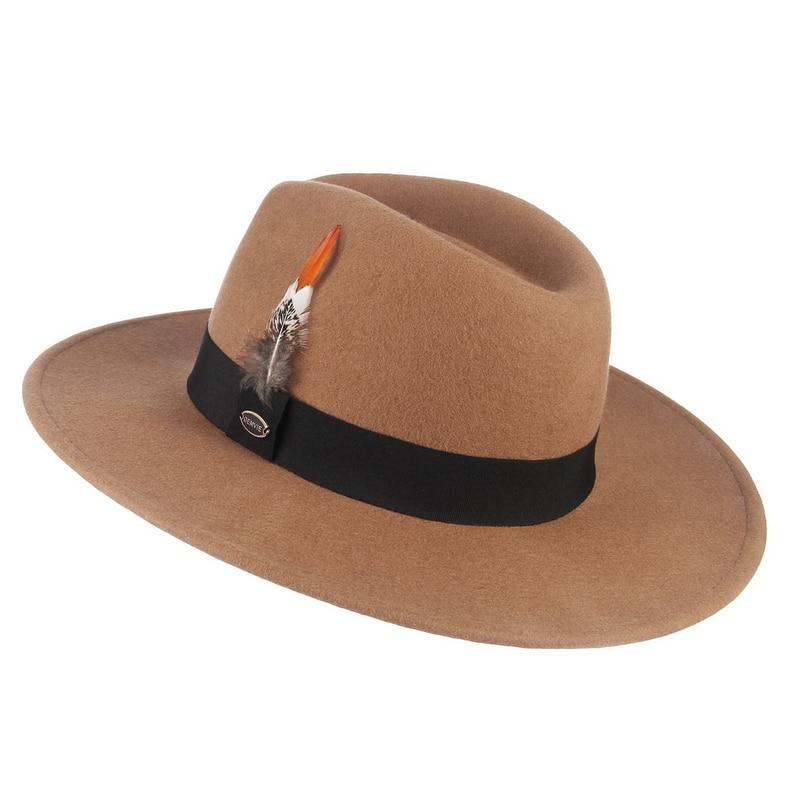 Wide Brim Wool Felt Fedora Hat with Striped Feather Band