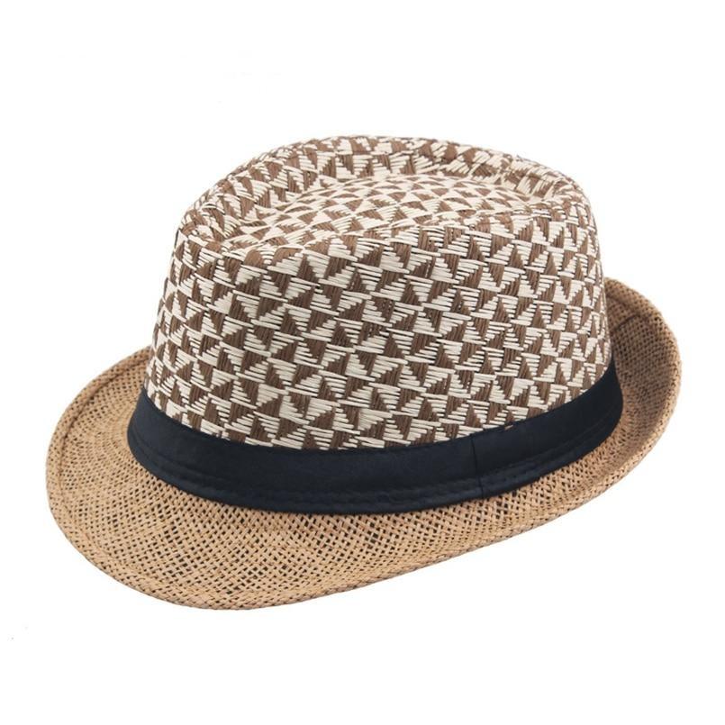 Triangle Lattice Straw Panama Trilby Hat with Black Hatband