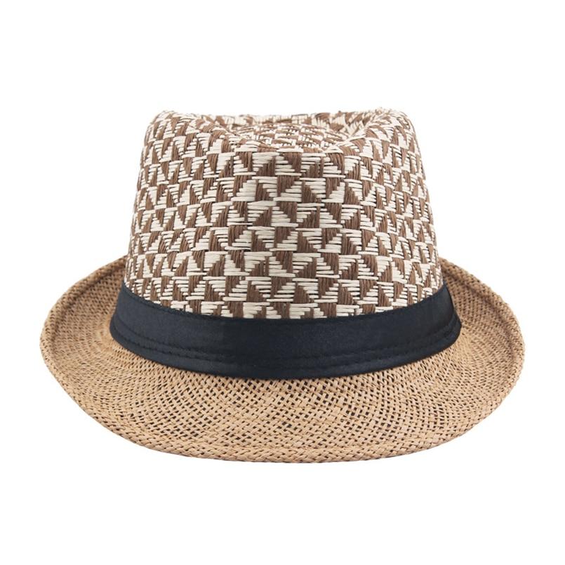 Triangle Lattice Straw Panama Trilby Hat with Black Hatband