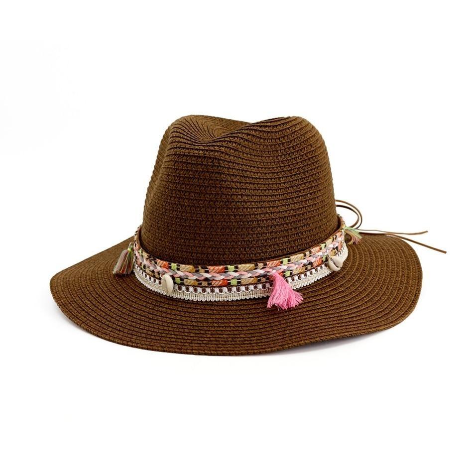 Straw Panama Hat with Tassels and Puka Shells