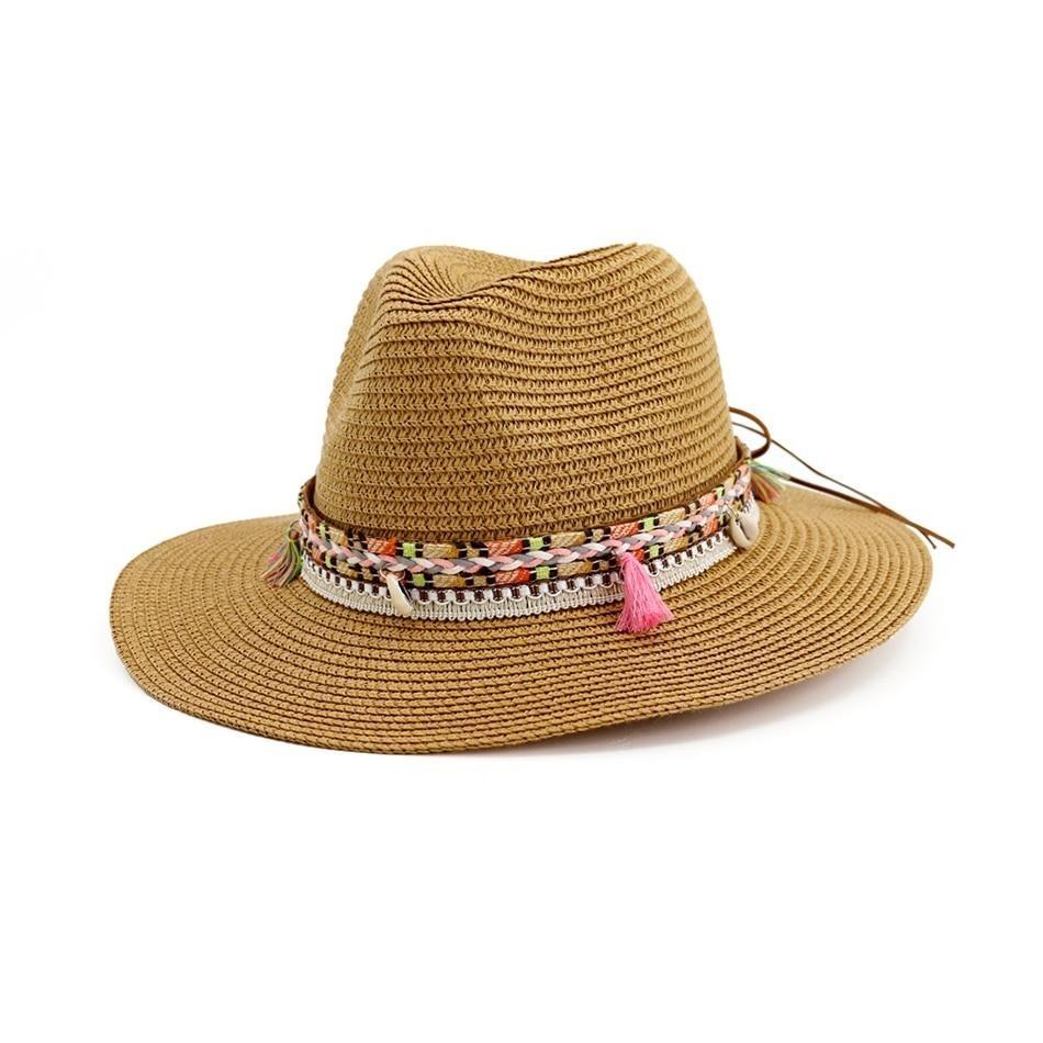 Straw Panama Hat with Tassels and Puka Shells