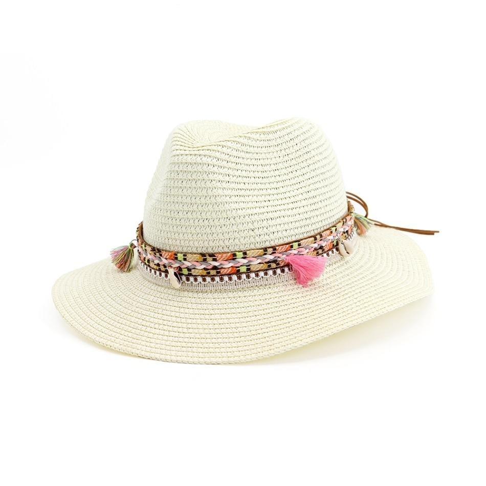 Straw Panama Hat with Tassels and Puka Shells