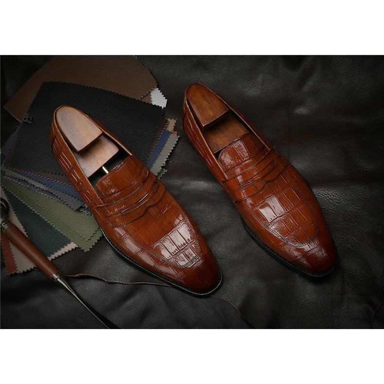 Men Leather Shoes Brand Bullock Genuine Leather Black Slip On Brogue Wedding Shoes