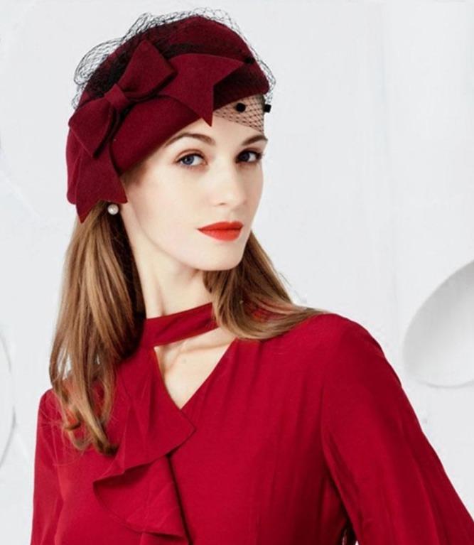 Wool Pillbox Fascinator Hat with Netted Veil and Bowknot