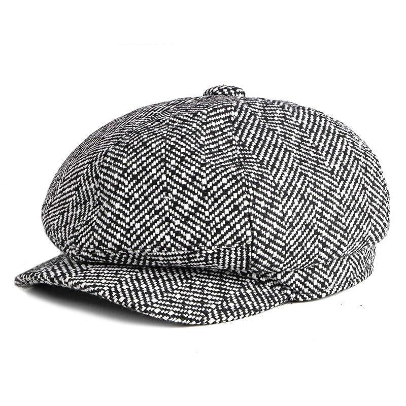 Tweed Herringbone Octagonal Newsboy Cap with a Button