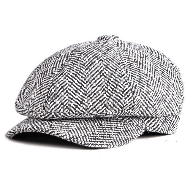 Tweed Herringbone Octagonal Newsboy Cap with a Button