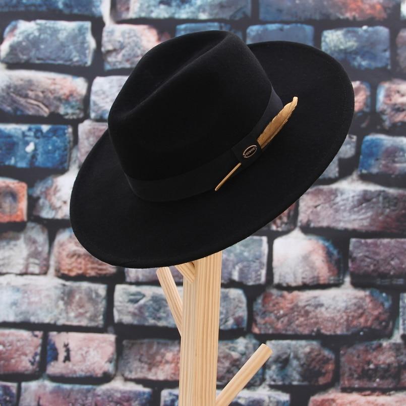 Wide Brim Wool Felt Fedora Hat with Gold Feather Band
