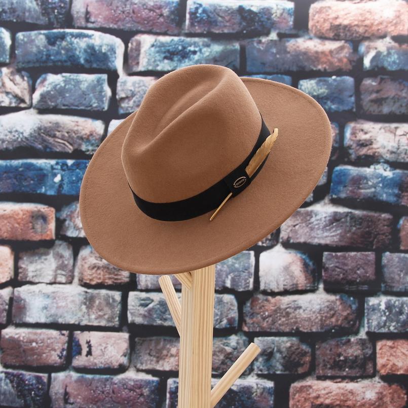 Wide Brim Wool Felt Fedora Hat with Gold Feather Band