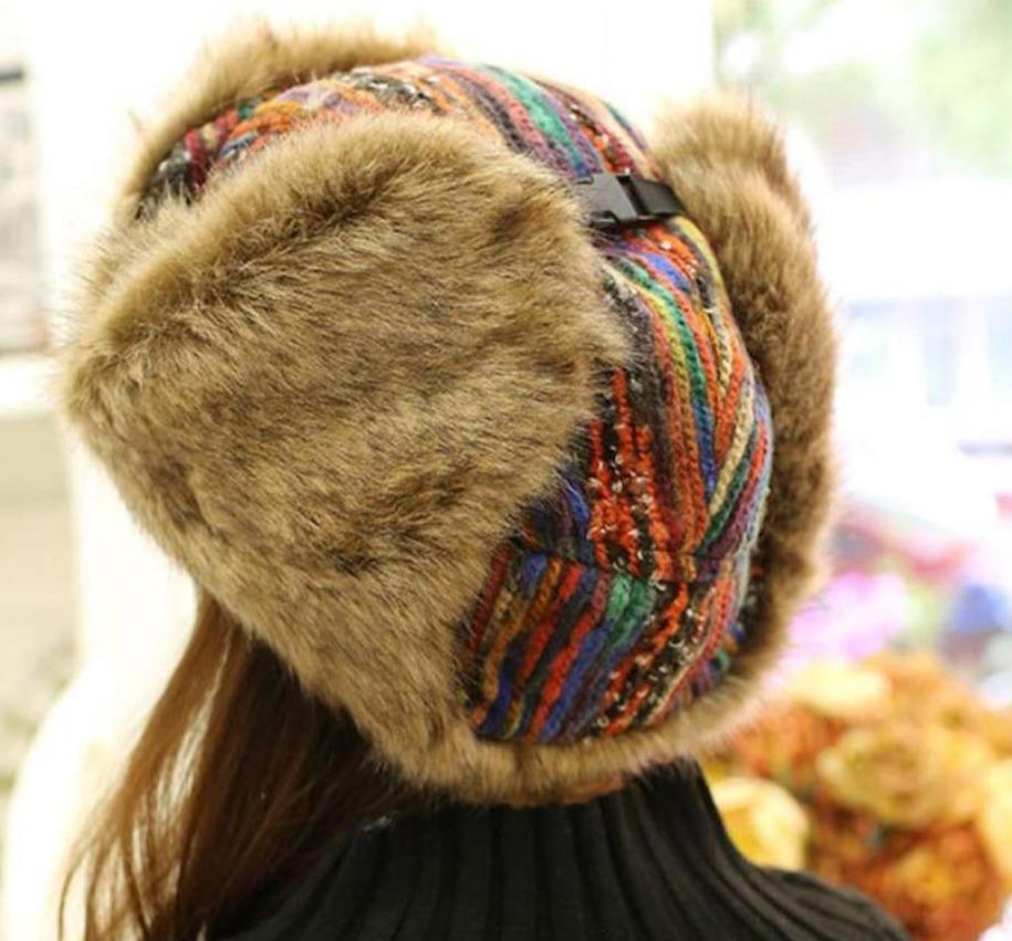 Thick Warm Multicolored Fur Bomber Hat with Earflaps