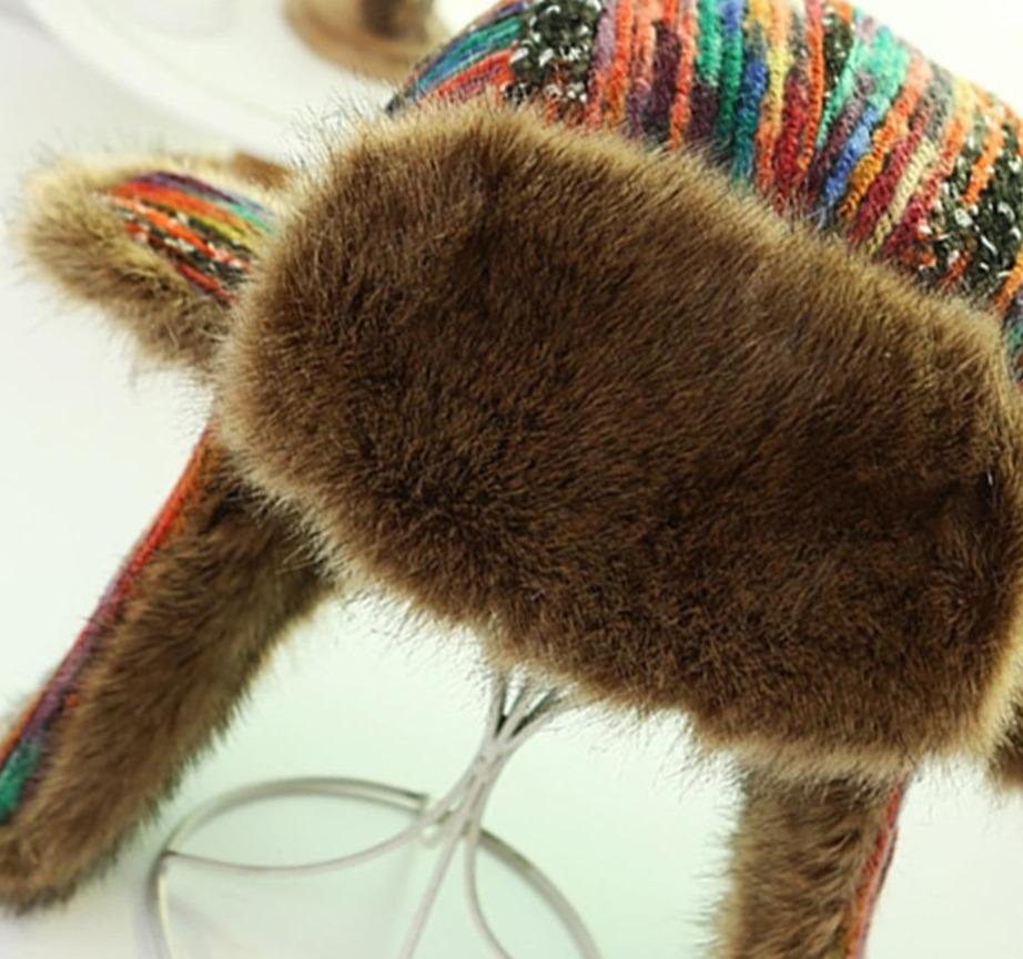Thick Warm Multicolored Fur Bomber Hat with Earflaps