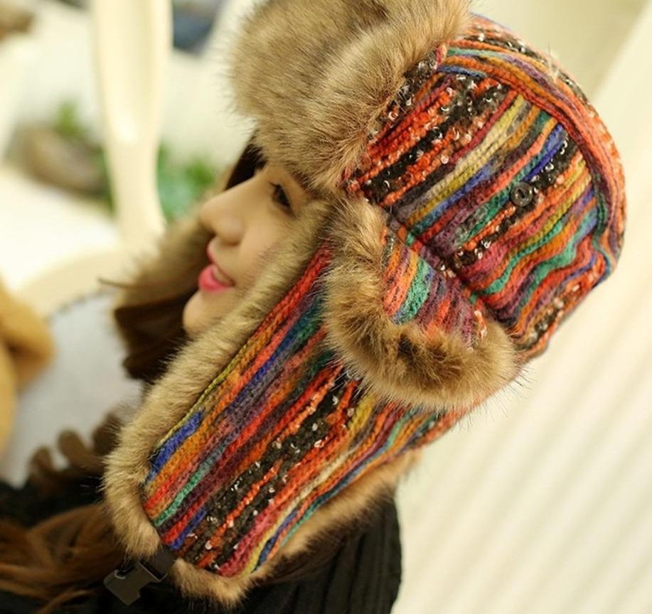 Thick Warm Multicolored Fur Bomber Hat with Earflaps