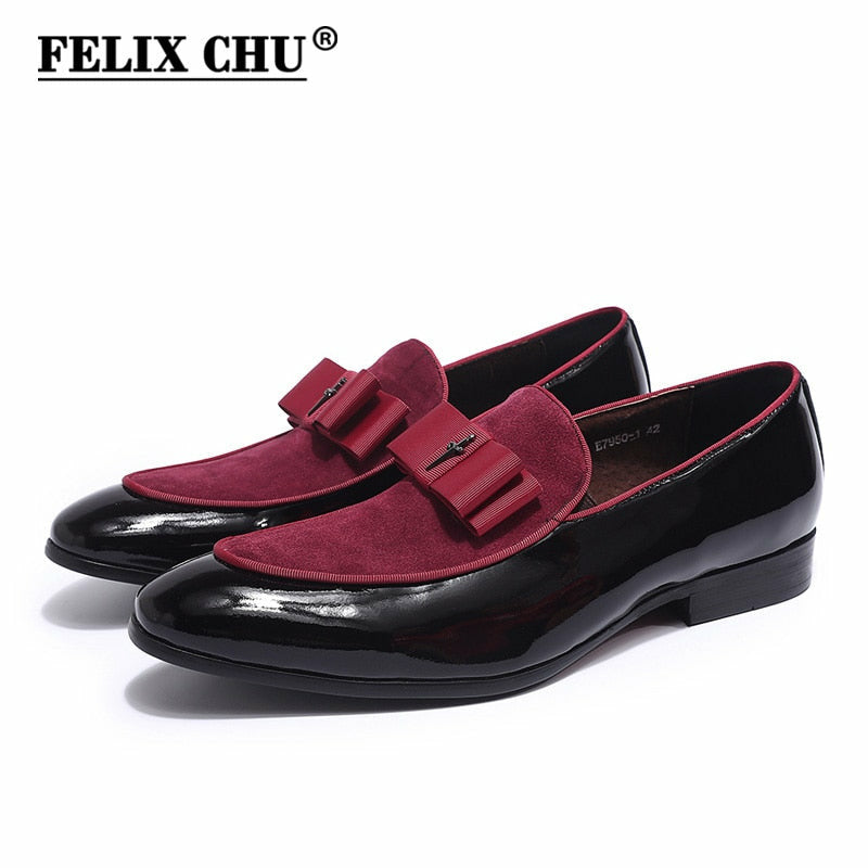Handmade Genuine Patent Leather And Nubuck Leather Patchwork With Bow Tie Men Wedding Shoes