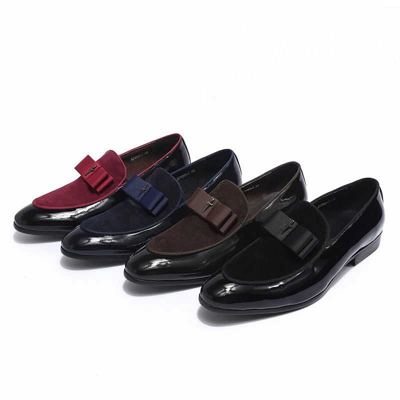 Handmade Genuine Patent Leather And Nubuck Leather Patchwork With Bow Tie Men Wedding Shoes