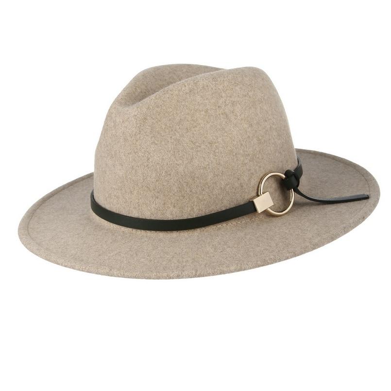 Wide Brim Wool Felt Fedora Hat with Buckled Black Leather Belt Hatband
