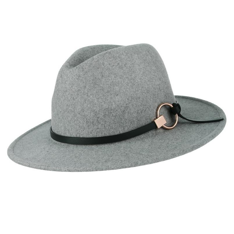 Wide Brim Wool Felt Fedora Hat with Buckled Black Leather Belt Hatband